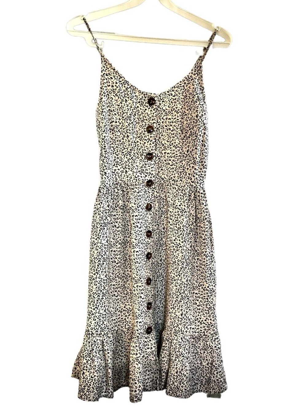 Japna Cheetah Print Button-Front Midi Dress Smocked Back Ruffle Hem Cotton Sz S